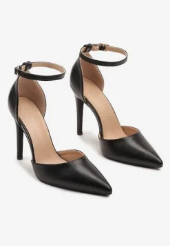 Czarne Szpilki z Noskiem w Szpic i Paskiem przy Kostce Elarimea