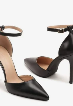 Czarne Szpilki z Noskiem w Szpic i Paskiem przy Kostce Elarimea