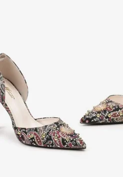 Czarne Szpilki z Noskiem w Szpic z Oryginalnym Wzorem z Cyrkoniami i Nitami Alfiratte