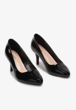 Czarne Szpilki z Noskiem w Kształcie Migdałka Lakierowane Namania