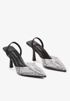 Czarne Szpilki z Odkrytą Piętą Transparentną Cholewką I Cyrkoniami Arstaria