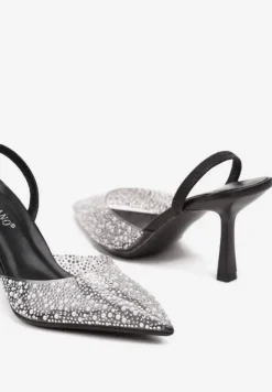 Czarne Szpilki z Odkrytą Piętą Transparentną Cholewką I Cyrkoniami Arstaria