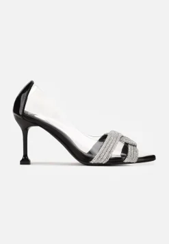 Czarne Szpilki z Transparentnym Noskiem i Paskami w Cyrkonie Gilena