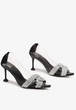 Czarne Szpilki z Transparentnym Noskiem i Paskami w Cyrkonie Gilena