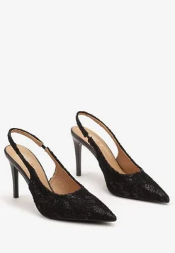 Czarne Szpilki ze Szpiczastym Noskiem i Odkrytą Piętą Zdobione Koronką Sanariel