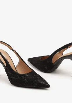 Czarne Szpilki ze Szpiczastym Noskiem i Odkrytą Piętą Zdobione Koronką Sanariel