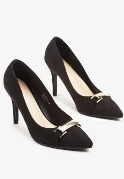 Czarne Szpilki ze Szpiczastym Noskiem z Ozdobną Aplikacją Mininelia