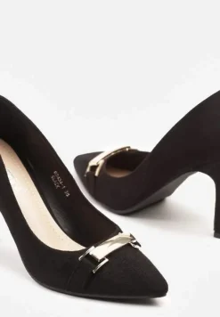 Czarne Szpilki ze Szpiczastym Noskiem z Ozdobną Aplikacją Mininelia