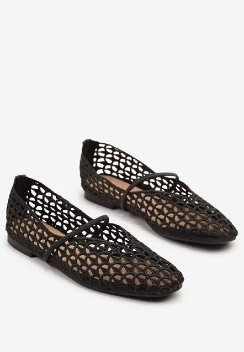 Czarne Szydełkowe Balerinki w Stylu Boho z Paskiem Vomea