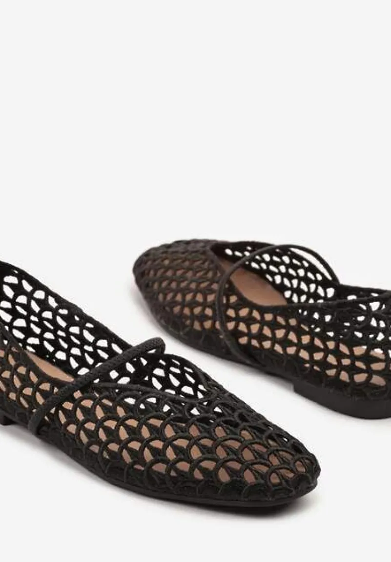 Czarne Szydełkowe Balerinki w Stylu Boho z Paskiem Vomea