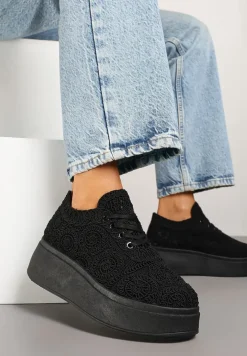 Czarne Szydełkowe Sneakersy Typu Tenisówki na Platformie Filalena