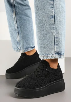 Czarne Szydełkowe Sneakersy Typu Tenisówki na Platformie Filalena