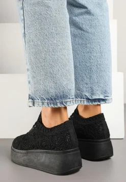 Czarne Szydełkowe Sneakersy Typu Tenisówki na Platformie Filalena