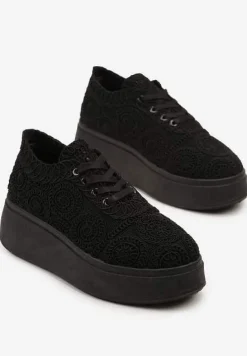 Czarne Szydełkowe Sneakersy Typu Tenisówki na Platformie Filalena