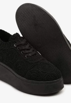 Czarne Szydełkowe Sneakersy Typu Tenisówki na Platformie Filalena