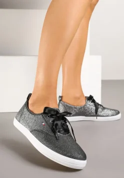 Czarne Tenisówki Brokatowe z Ozdobnymi Sznurowadłami Palmena