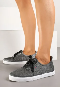 Czarne Tenisówki Brokatowe z Ozdobnymi Sznurowadłami Palmena
