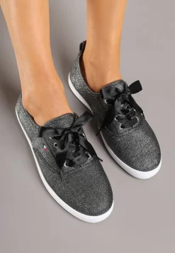 Czarne Tenisówki Brokatowe z Ozdobnymi Sznurowadłami Palmena