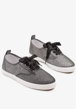 Czarne Tenisówki Brokatowe z Ozdobnymi Sznurowadłami Palmena