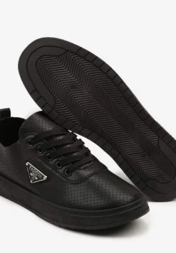 Czarne Tenisówki z Cholewką z Perforacją i Ozdobną Aplikacją Emmio