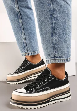 Czarne Trampki na Ozdobnej Platformie ze Sznurowaniem Moonoria
