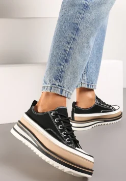 Czarne Trampki na Ozdobnej Platformie ze Sznurowaniem Moonoria