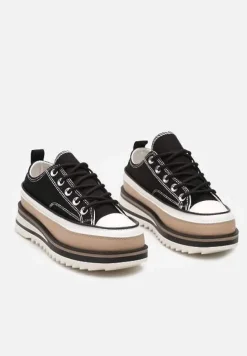 Czarne Trampki na Ozdobnej Platformie ze Sznurowaniem Moonoria