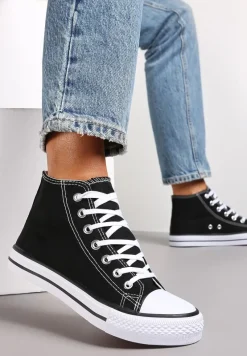 Czarne Trampki na Płaskiej Podeszwie z Lamówką Vinys