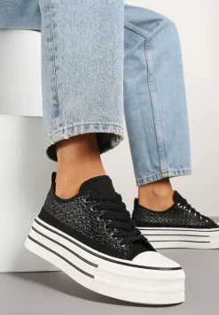 Czarne Trampki na Platformie Ozdobione Koronką Emozi