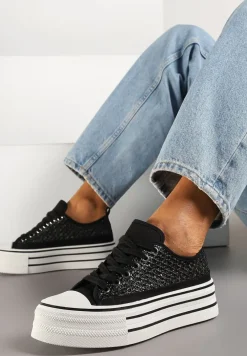 Czarne Trampki na Platformie Ozdobione Koronką Emozi