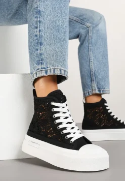 Czarne Trampki na Platformie z Wysoką Ażurową Cholewką Velgisia