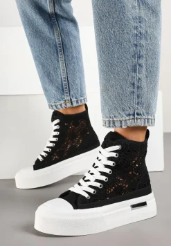 Czarne Trampki na Platformie z Wysoką Ażurową Cholewką Velgisia