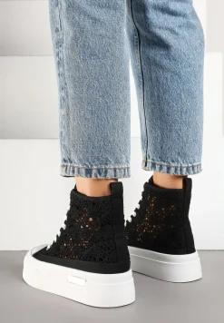 Czarne Trampki na Platformie z Wysoką Ażurową Cholewką Velgisia