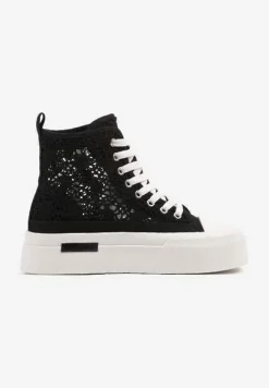 Czarne Trampki na Platformie z Wysoką Ażurową Cholewką Velgisia