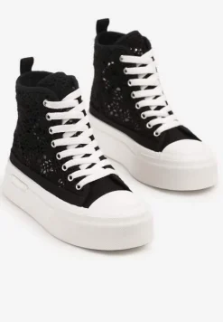Czarne Trampki na Platformie z Wysoką Ażurową Cholewką Velgisia