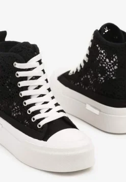 Czarne Trampki na Platformie z Wysoką Ażurową Cholewką Velgisia
