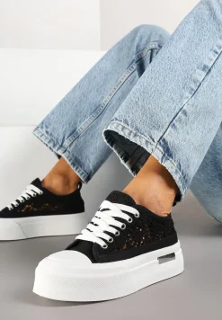 Czarne Trampki na Platformie z Ażurową Cholewką Adivlen