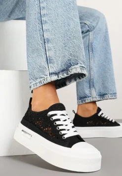 Czarne Trampki na Platformie z Ażurową Cholewką Adivlen