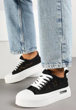 Czarne Trampki na Platformie z Ażurową Cholewką Adivlen