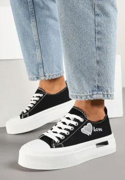 Czarne Trampki na Platformie z Ozdobnym Napisem i Sercem Laviere