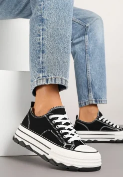 Czarne Trampki na Platformie z Paskami i Niską Cholewką Zienelle