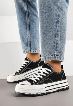 Czarne Trampki na Platformie z Paskami i Niską Cholewką Zienelle