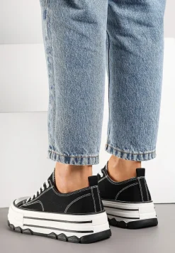 Czarne Trampki na Platformie z Paskami i Niską Cholewką Zienelle