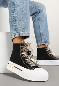 Czarne Trampki na Platformie z Wysoką Cholewką Ozdobione Cyrkoniami Fenvisa