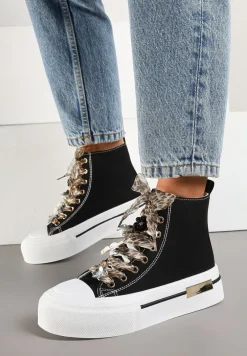 Czarne Trampki na Platformie z Wysoką Cholewką Ozdobione Cyrkoniami Fenvisa