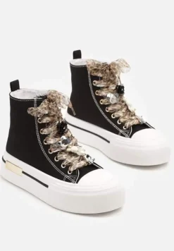 Czarne Trampki na Platformie z Wysoką Cholewką Ozdobione Cyrkoniami Fenvisa