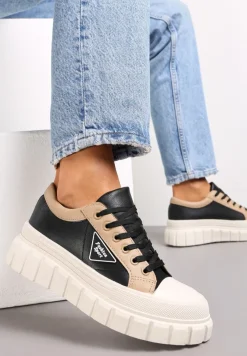 Czarne Trampki na Platformie z Przeszyciami i Sznurowaniem Anaiza