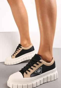 Czarne Trampki na Platformie z Przeszyciami i Sznurowaniem Anaiza