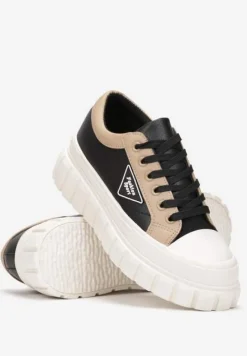 Czarne Trampki na Platformie z Przeszyciami i Sznurowaniem Anaiza