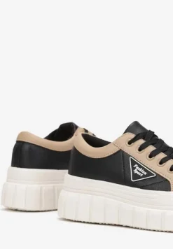 Czarne Trampki na Platformie z Przeszyciami i Sznurowaniem Anaiza